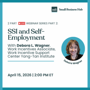 Photo of speaker and dark text on white background, reading: "SSI and Self-employment"