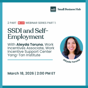 Photo of speaker and dark text on white background, reading: "SSDI and Self-employment"