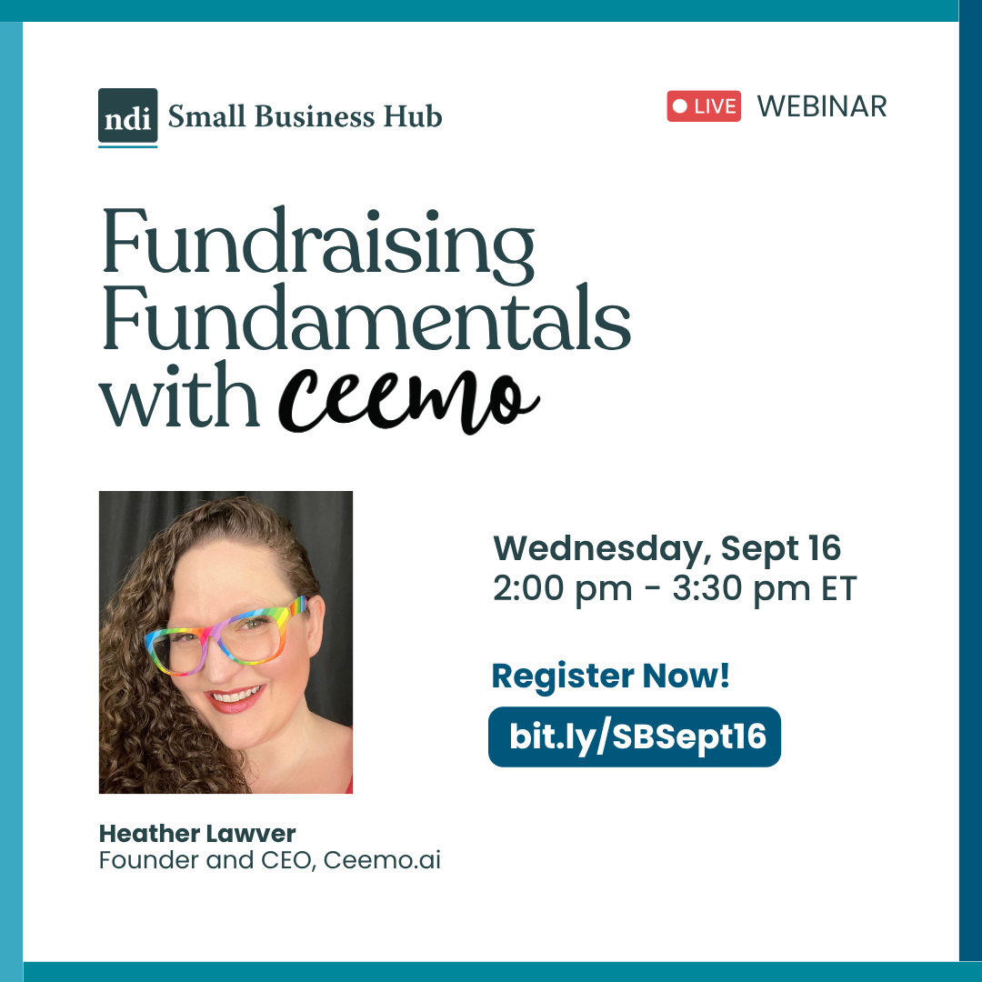 Webinar promo graphic with headshot of Heather Lawver, smiling and wearing glasses. The title is "Fundraising Fundamentals with Ceemo."