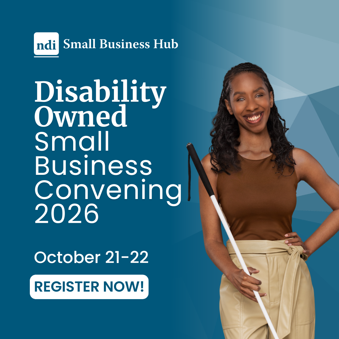 Promo graphic for Disability Owned Small Business Convening, Oct. 21-22. Teal background and a woman smiling, wearing a brown shirt, and carrying a white cane.